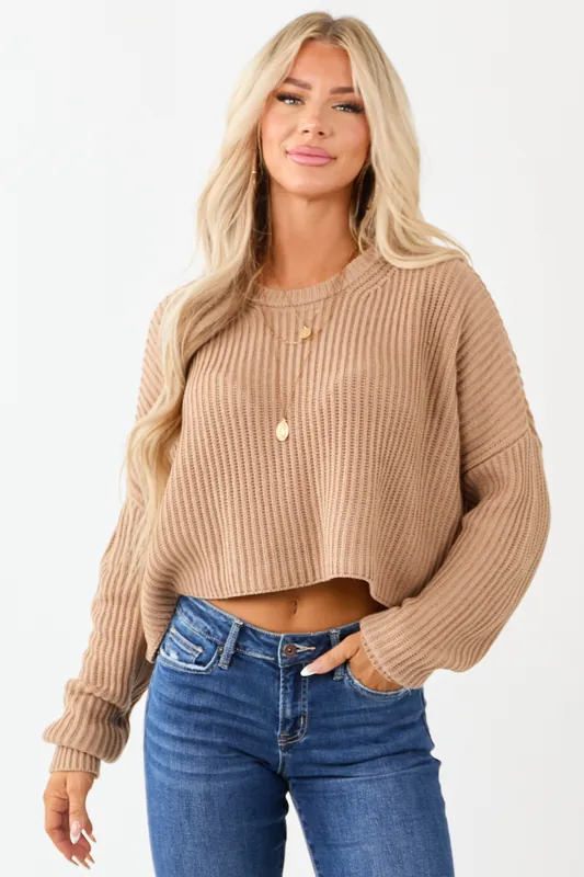 Camel Relaxed Rib Knit Crew Neck Cropped Sweater - HYFVE