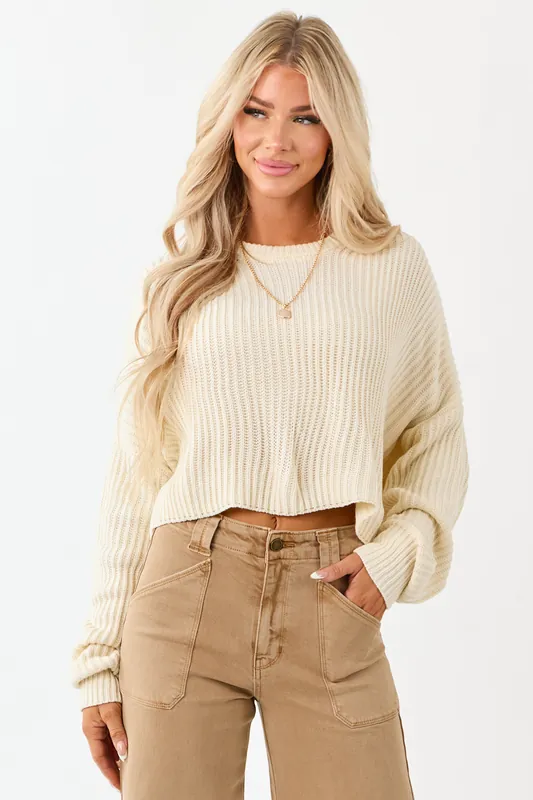 Cream Relaxed Rib Knit Crew Neck Cropped Sweater - HYFVE