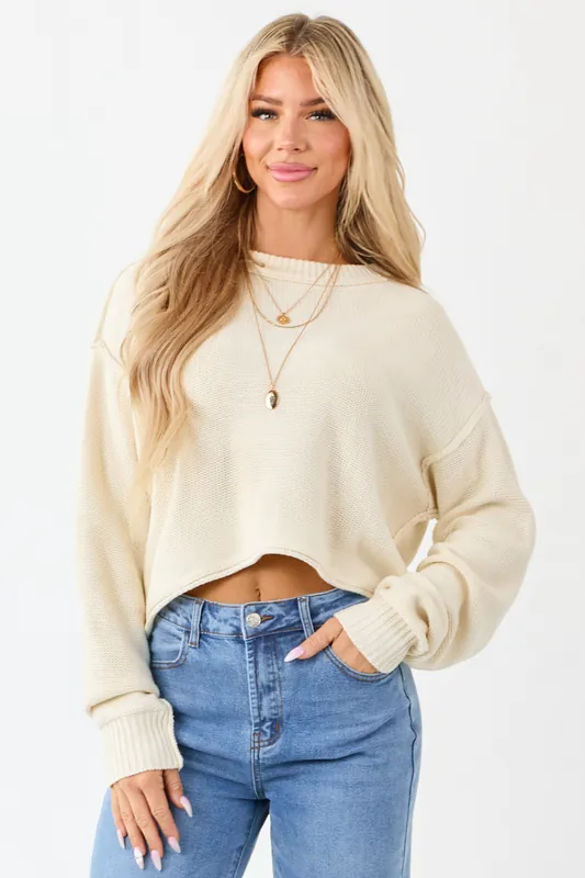 Cream Long Sleeve Relaxed Knit Sweater - HYFVE