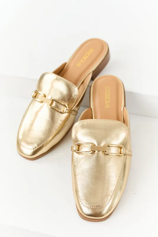 Gold Metallic Faux Leather Chain Link Mule Flats - FORTUNE DYNAMIC