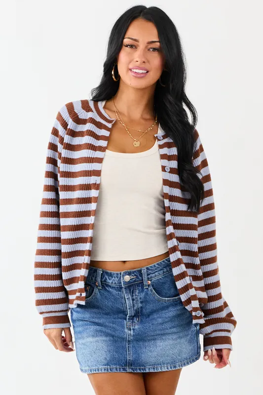 Slate Blue and Spice Striped Button Up Cardigan - LE LIS