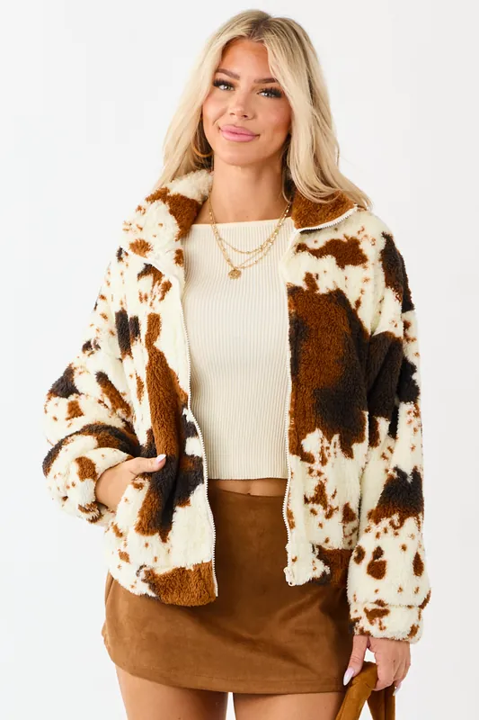 Lovelo Cream Cow Print Sherpa Zip Up Jacket - GeeGee