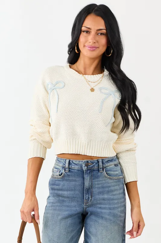 Cream Crochet Knit Bow Detail Crop Sweater - Paper Moon