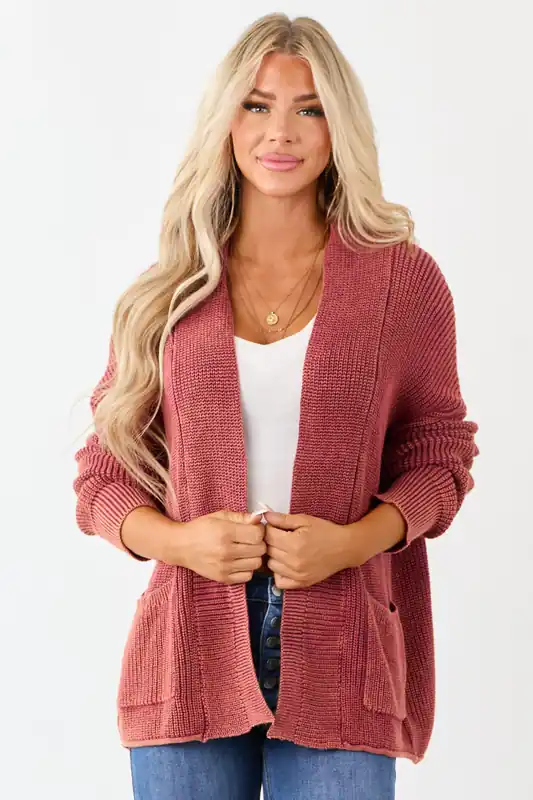 Wine Mineral Wash Open Front Cotton Sweater Cardigan - In February