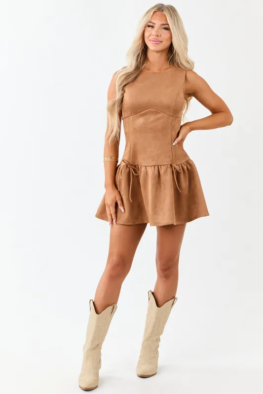 Cognac Faux Suede Drop Waist Ruffle Hem Mini Dress - Day + Moon