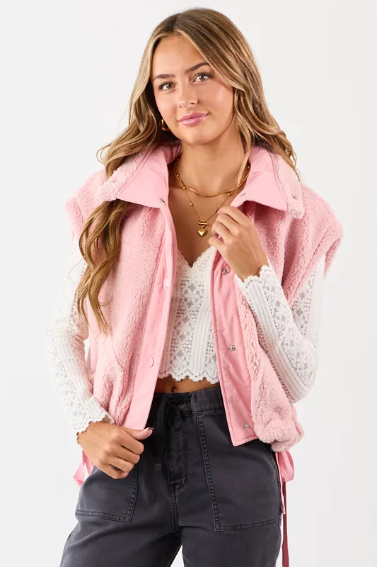 Baby Pink Sherpa Button Down Side Tie Vest - Day + Moon