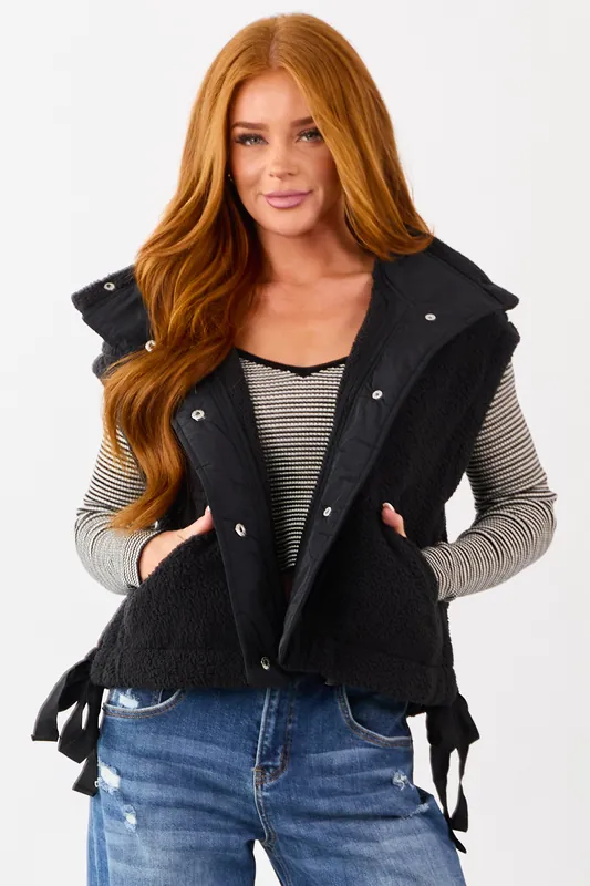 Black Sherpa Button Down Side Tie Vest - Day + Moon