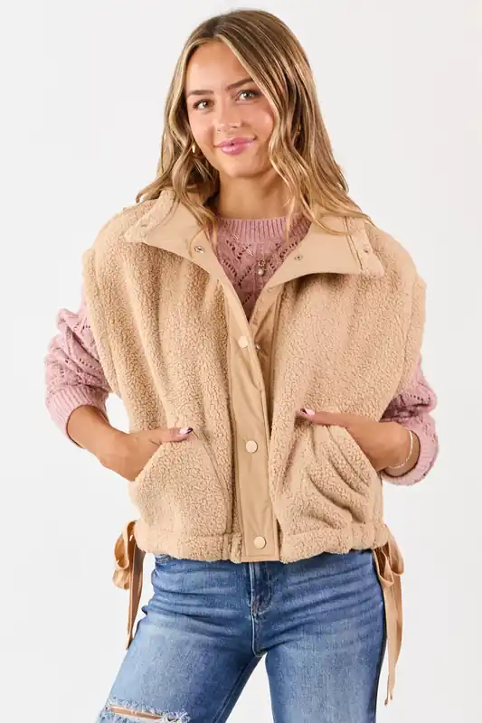 Camel Sherpa Button Down Side Tie Vest - Day + Moon