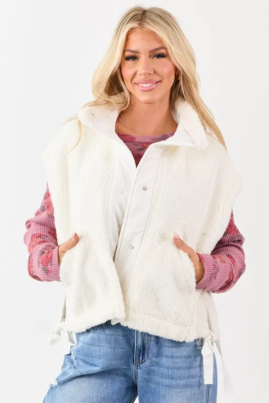 Cream Sherpa Button Down Side Tie Vest - Day + Moon