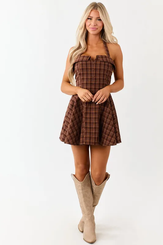 Cocoa Cotton Plaid Halter Neck Tie Mini Dress - Day + Moon