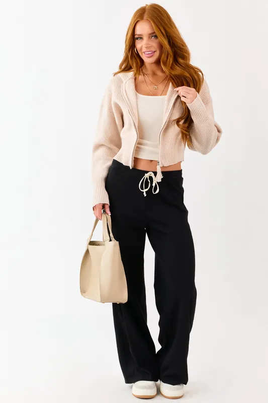 Black Waffle Knit Wide Leg Drawstring Pants - HYFVE