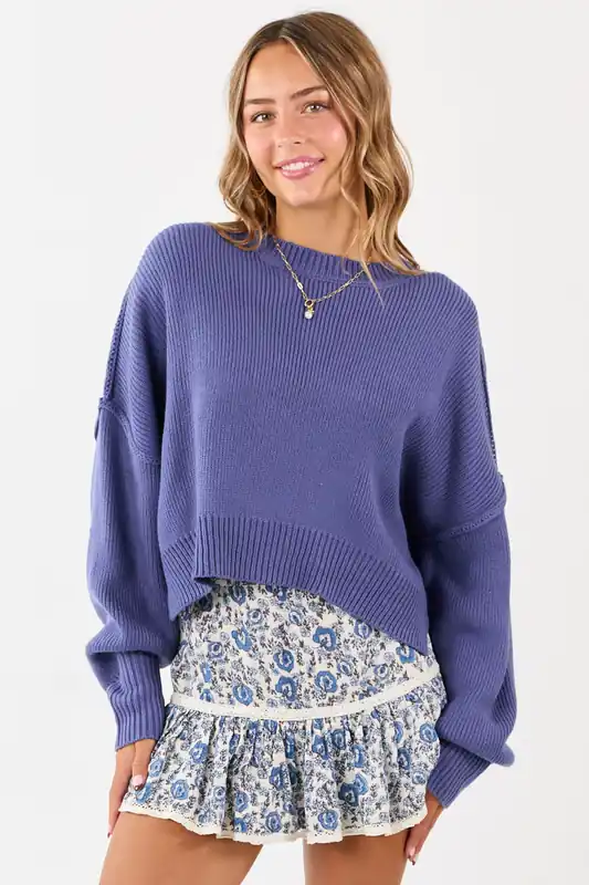 Dusty Blue Boxy Drop Shoulder Crop Rib Knit Sweater - HYFVE