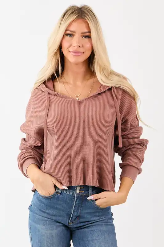 Light Sienna Cotton Waffle Knit Hooded Long Sleeve Top - HYFVE