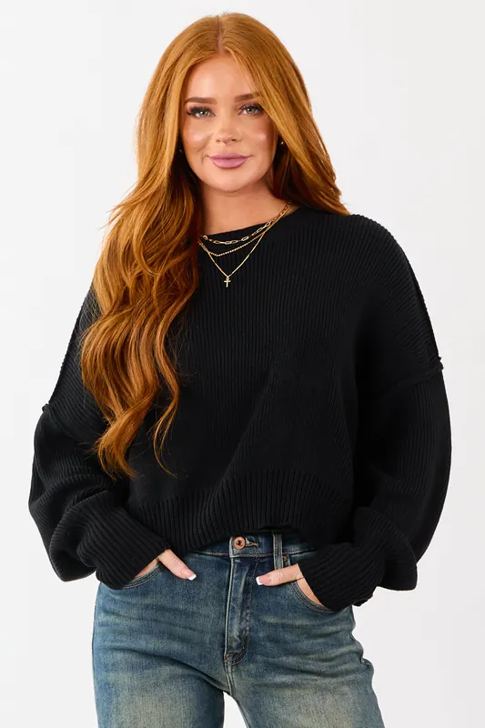 Black Boxy Drop Shoulder Crop Rib Knit Sweater - HYFVE