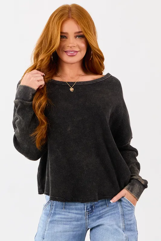 Charcoal Vintage Washed Waffle Knit Boxy Cotton Top - HYFVE