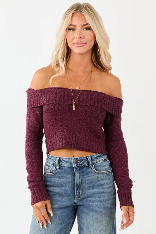 Maroon Off Shoulder Ribbed Trim Crop Sweater - HYFVE
