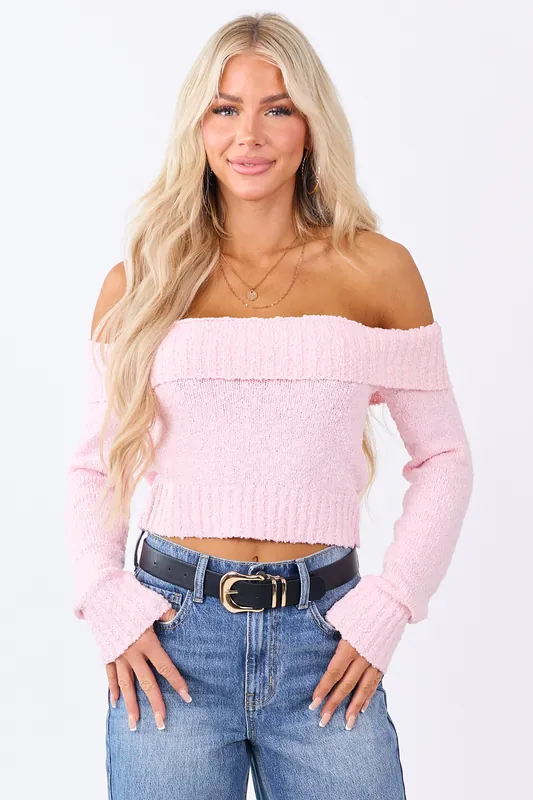 Deep Blush Off Shoulder Ribbed Trim Crop Sweater - HYFVE