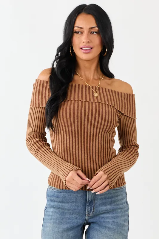 Brown Sugar Off the Shoulder Fitted Rib Knit Top - HYFVE