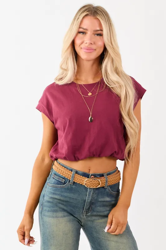 Maroon Cotton Bubble Hem Short Sleeve Cropped Top - Paper Moon