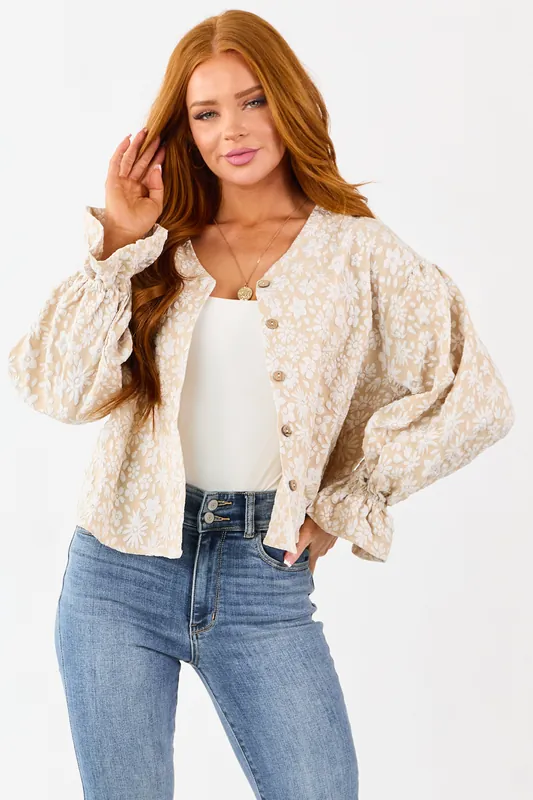 Almond and Ivory Floral Print Button Down Cardigan - BiBi