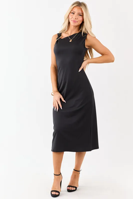 Black Asymmetrical Gold Ring Neck Midi Dress - ABLE USA