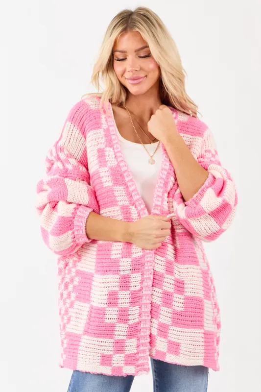 Bubblegum and Ivory Checkered Chunky Knit Cardigan - BiBi