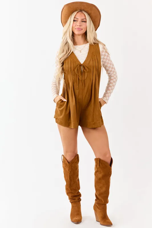 Copper Faux Suede Pintuck Deep V Front Tie Romper - Baby Pink