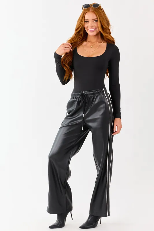 Black Faux Leather Side Line Drawstring Pants - eesome
