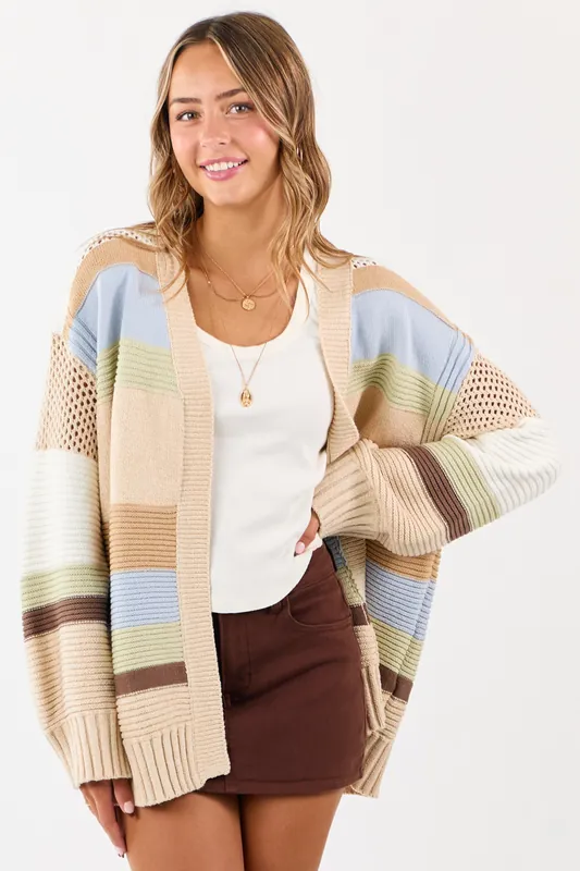 Beige Colorblock Striped Relaxed Open Front Cardigan - eesome