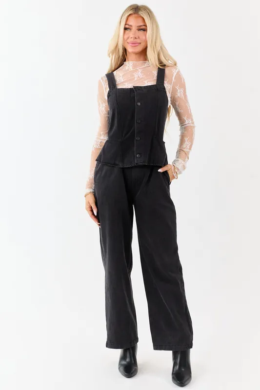 Black Denim Buttoned Vest Style Open Back Jumpsuit - eesome