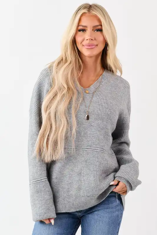 Heather Grey Hooded Relaxed Rib Knit Sweater - Very J