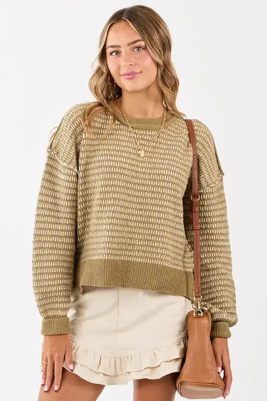 Olive and Ivory Two Toned Textured Knit Sweater - Very J