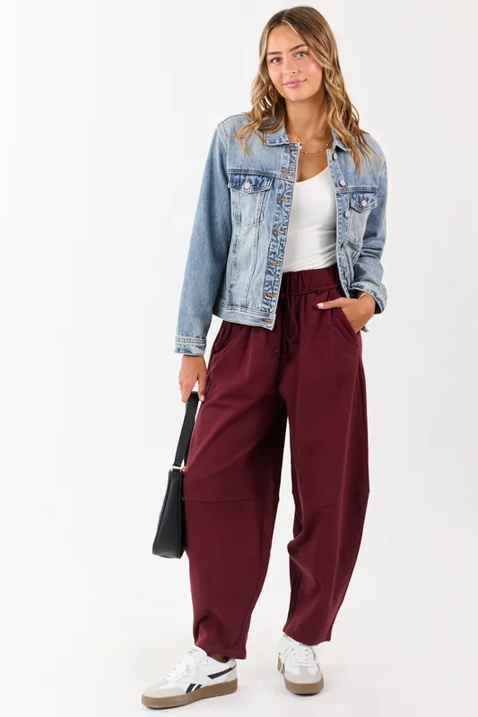 Maroon Waist Tie Barrel Style Cotton Sweatpants - Very J