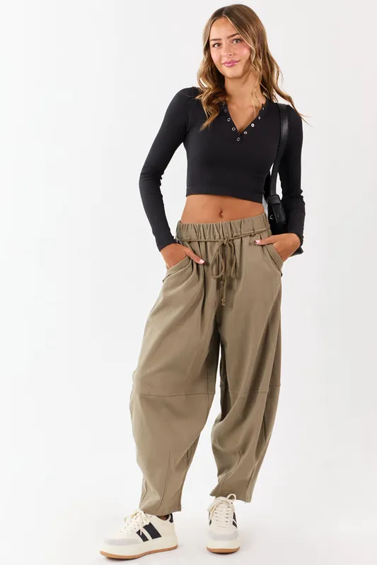 Olive Waist Tie Barrel Style Cotton Sweatpants - Very J