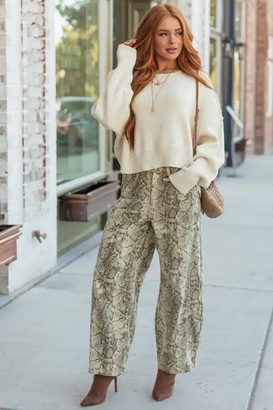Sand and Walnut Washed Snake Print Barrel Jeans - Very J