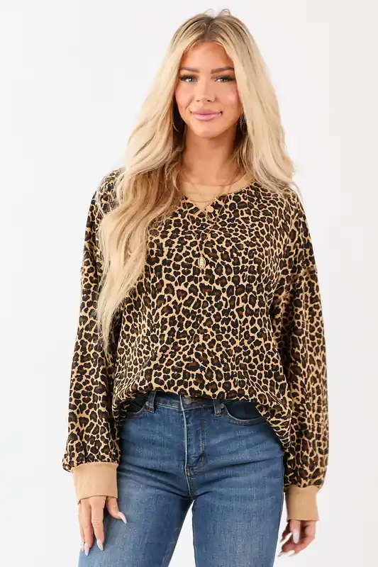 Camel Cotton Leopard Print Crew Neck Sweatshirt - Very J
