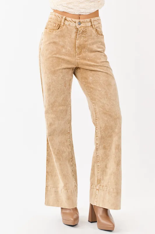 Beige Mineral Wash Corduroy Flare Pants - HYFVE