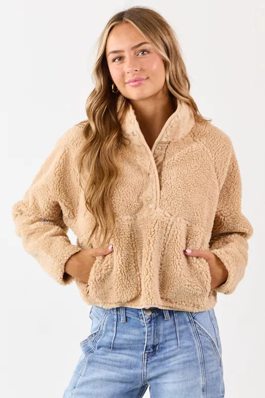 Beige Half Snap Button Sherpa Pullover Jacket - HYFVE