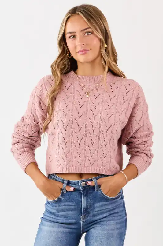 Dusty Rose Cable Knit Boxy Pointelle Sweater - HYFVE