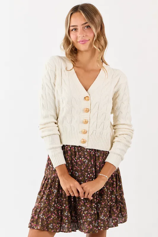 Cream Button Down Cable Knit Sweater Cardigan - HYFVE