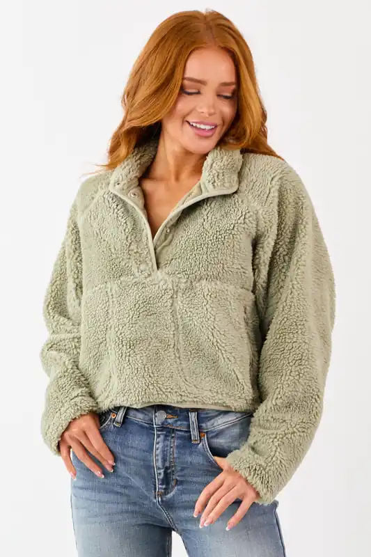 Sage Half Snap Button Sherpa Pullover Jacket - HYFVE