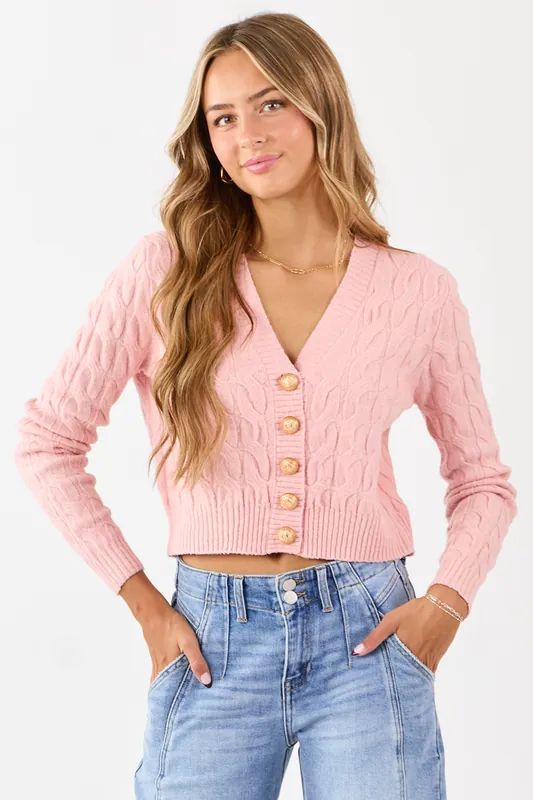Carnation Button Down Cable Knit Sweater Cardigan - HYFVE