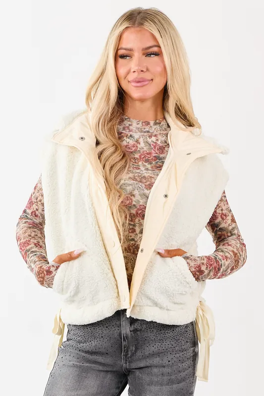 Cream Sherpa Contrast Button Down Side Tie Vest - HYFVE