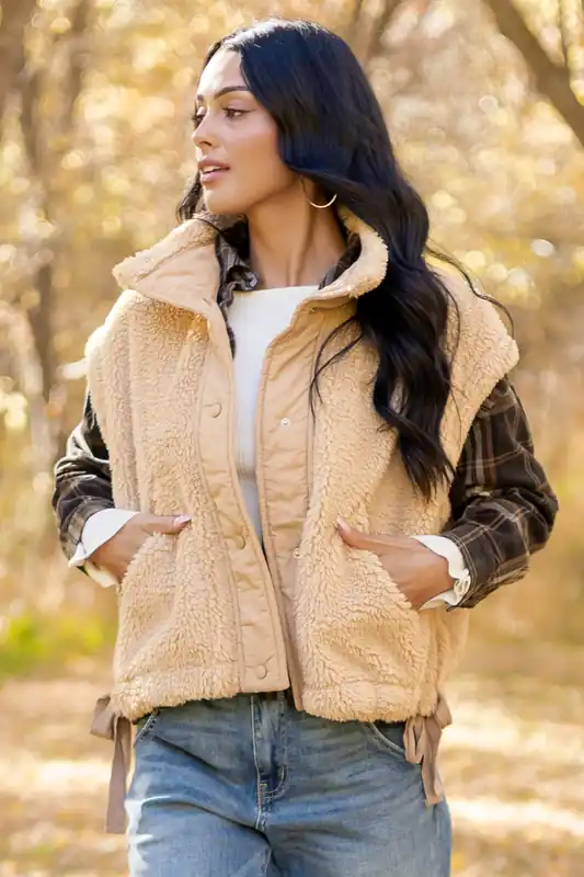 Peanut Sherpa Contrast Button Down Side Tie Vest - HYFVE