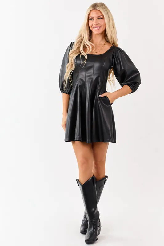 Black Faux Leather Half Puff Sleeve Mini Dress - Mustard Seed