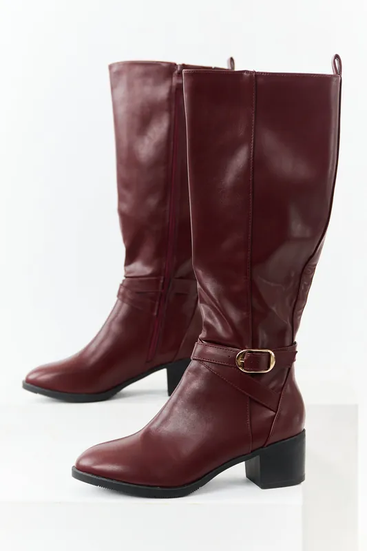 Mahogany Faux Leather Knee High Block Heel Boots - Berness