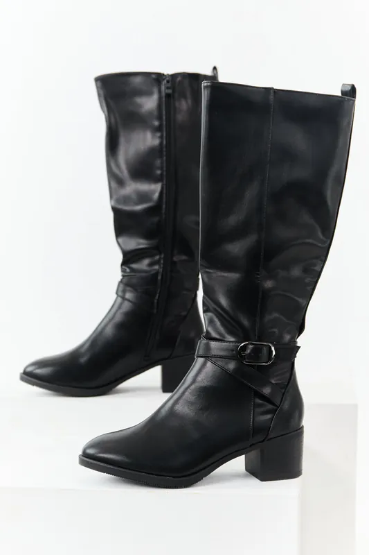 Black Faux Leather Knee High Block Heel Boots - Berness
