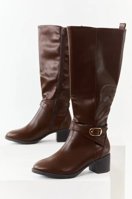 Chocolate Faux Leather Knee High Block Heel Boots - Berness