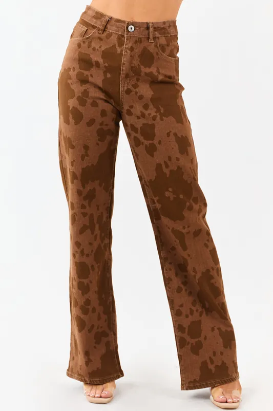 Sepia Cow Print Stretchy Straight Leg Jeans - Balboa Fashion