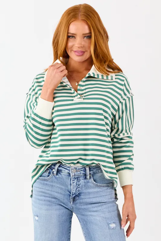 Pine and Cream Striped Henley Top - Mittoshop
